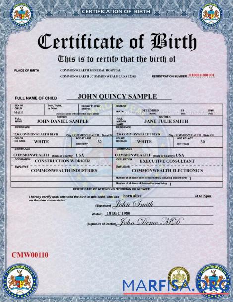 Printable United States Commonwealth General hospital birth certificate template
